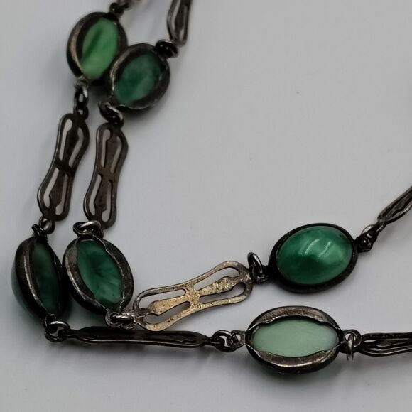Vintage Sterling Silver 925 Green Pekin Glass Art Deco Necklace 16" - Picture 10 of 16